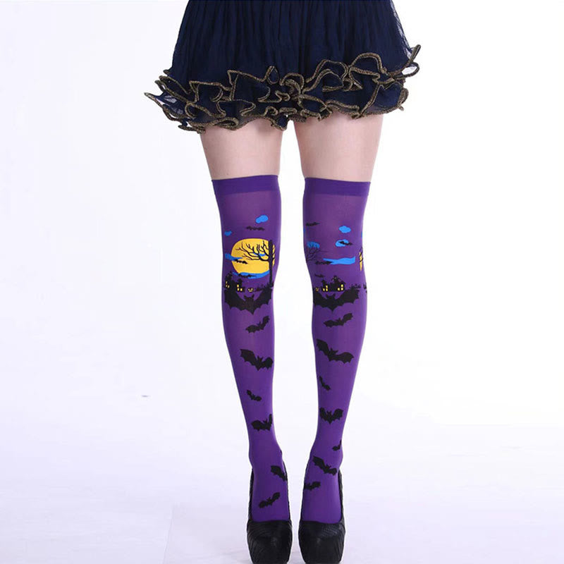 Plusock Halloween Haunted Bats Thigh High Knee Socks(5 Pairs)